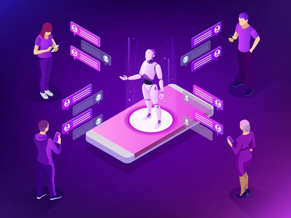İzometrik yapay zeka. AI ve iş çok kavramı. Mans ve sohbet etmek uygulama ile chat yapan kadınlar.