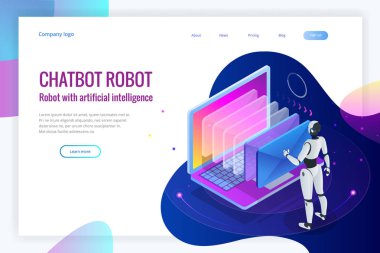Yapay zeka ile sohbet etmek e-postalarda sanal arabirim çalışma izometrik robotlar adam. Mesaj sohbet sosyal metin vektör çizim