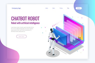 Yapay zeka ile sohbet etmek e-postalarda sanal arabirim çalışma izometrik robotlar adam. Mesaj sohbet sosyal metin vektör çizim