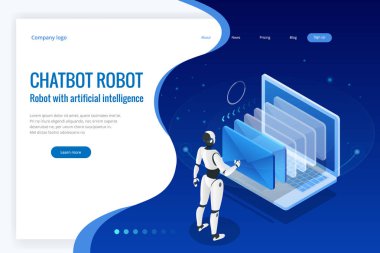Yapay zeka ile sohbet etmek e-postalarda sanal arabirim çalışma izometrik robotlar adam. Mesaj sohbet sosyal metin vektör çizim