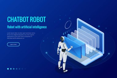 Yapay zeka ile sohbet etmek e-postalarda sanal arabirim çalışma izometrik robotlar adam. Mesaj sohbet sosyal metin vektör çizim