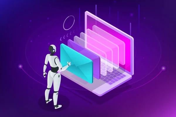 Isometric robots man with artificial intelligence working with a virtual interface in chatbot emails. Message online chat social text vector Illustration — Stock Vector