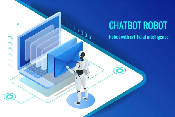 Άνθρωπος ισομετρική ρομπότ με τεχνητή νοημοσύνη που λειτουργεί με ένα εικονικό περιβάλλον σε chatbot μηνύματα ηλεκτρονικού ταχυδρομείου. Φορέα κοινωνικής κείμενο online συνομιλίας μηνυμάτων εικονογράφηση — Διανυσματικό Αρχείο