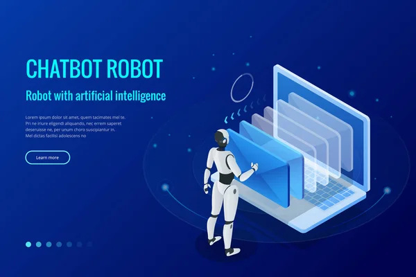 Isometric robot manusia dengan kecerdasan buatan bekerja dengan antarmuka virtual dalam email chatbot. Ilustrasi vektor teks sosial obrolan online - Stok Vektor
