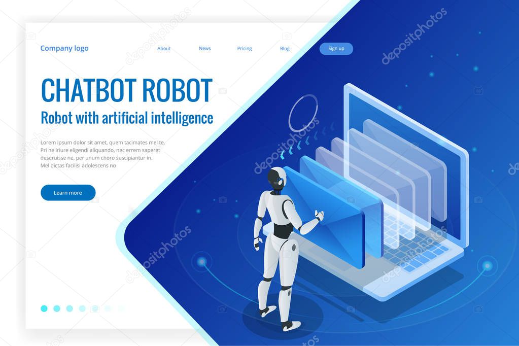 Isometric robots man with artificial intelligence working with a virtual interface in chatbot emails. Message online chat social text vector Illustration