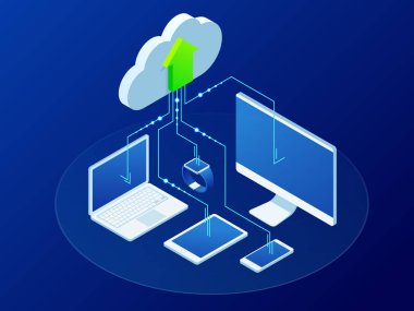 İzometrik modern bulut teknoloji ve ağ kavramı. Bulut depolama aygıtı eşitleme. Web bulut teknoloji iş. Internet veri Hizmetleri vektör çizim