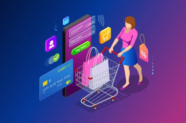 İzometrik akıllı smartphone online alışveriş kavramı. Akıllı telefon internet salonu döndü. Mobil pazarlama ve e-ticaret. Vektör çizim