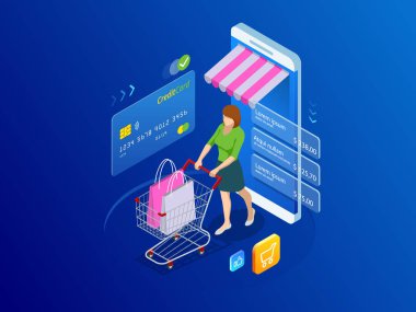 İzometrik akıllı smartphone online alışveriş kavramı. Akıllı telefon internet salonu döndü. Mobil pazarlama ve e-ticaret. Vektör çizim