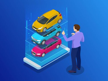 İzometrik satın bir araba ya da kiralık bir araba online tasarım web afiş. Arabalar app vektör çizim kullanılan