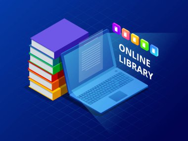 Online bilgi edinin veya E-kitap kütüphane. Kütüphane kitap dizüstü bilgisayar. Yenilikçi eğitim ve teknoloji. Vektör çizim.