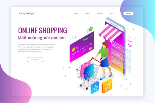 Isometric Smart conceito de compras on-line smartphone. Smartphone se transformou em loja de internet. Marketing móvel e e-commerce. Ilustração vetorial — Vetor de Stock