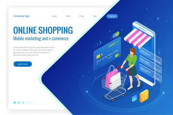 Isometric Smart conceito de compras on-line smartphone. Smartphone se transformou em loja de internet. Marketing móvel e e-commerce. Ilustração vetorial — Vetor de Stock