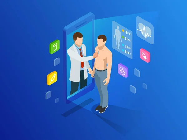 İzometrik sağlık, tanılama ve online tıbbi konsültasyon app akıllı. Dijital sağlık kavramı çeşitli tıbbi simgeleriyle çevrili telefon üzerinde duran bir doktor ile. Yenilikçi teknoloji — Stok Vektör