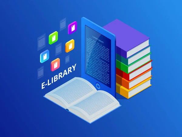 Biblioteca Online de Aprendizaje o E-book. Ordenador portátil con libros de biblioteca. Educación y tecnología innovadoras. Ilustración vectorial . — Archivo Imágenes Vectoriales