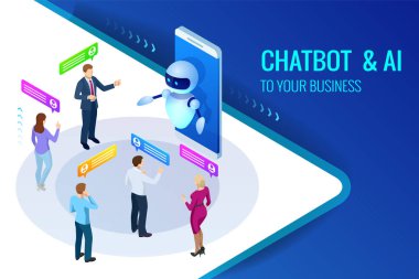 İzometrik yapay zeka. Sohbet bot ve gelecekteki pazarlama. AI ve iş çok kavramı. Mans ve sohbet etmek uygulama ile chat yapan kadınlar. İletişim yardım hizmeti. Vektör çizim.
