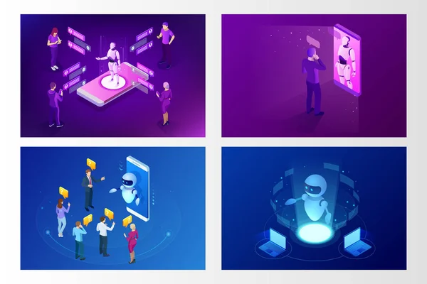 İzometrik yapay zeka. Sohbet bot ve gelecekteki pazarlama. AI ve iş çok kavramı. Mans ve sohbet etmek uygulama ile chat yapan kadınlar. İletişim yardım hizmeti. Vektör çizim.