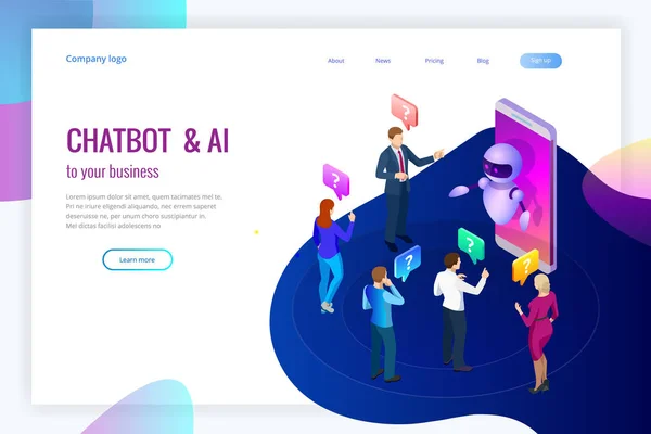 Isometric artificial intelligence. Chat bot and future marketing. AI and business IOT concept. Mans and women chatting with chatbot application. Dialog help service. Vector illustration. — Stock Vector