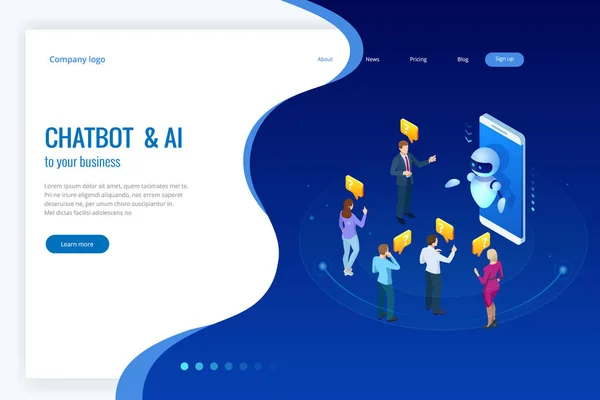 Isometrische kunstmatige intelligentie. Chat bot en toekomstige marketing. AI en zakelijke Iot-concept. Mans en vrouwen chatten met chatbot toepassing. Dialoogvenster hulp dienst. Vectorillustratie. — Stockvector