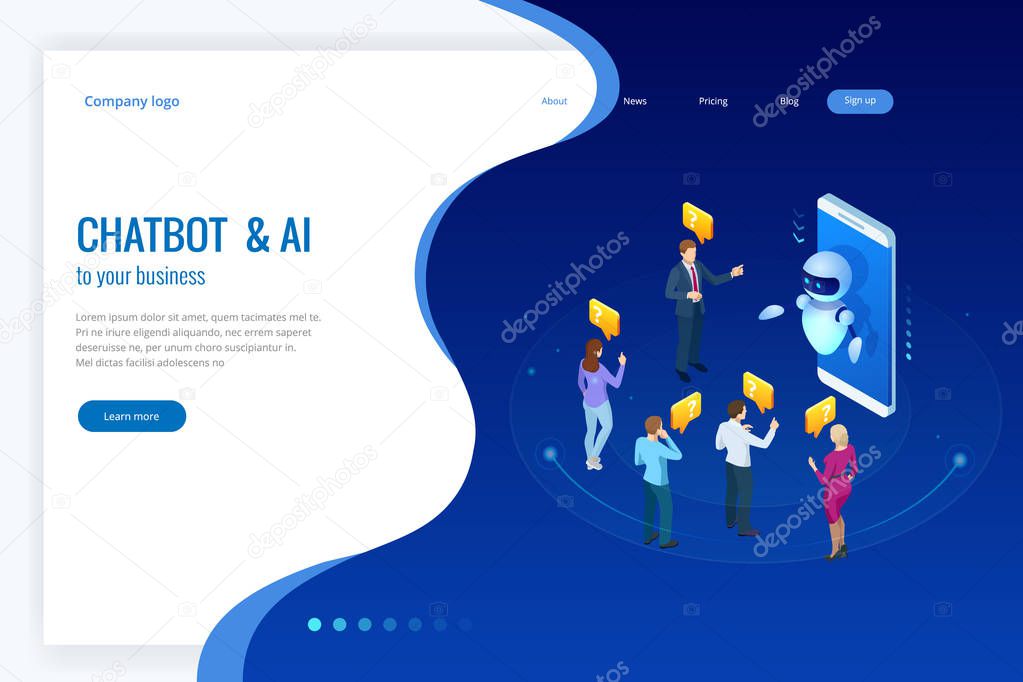 Isometric artificial intelligence. Chat bot and future marketing. AI and business IOT concept. Mans and women chatting with chatbot application. Dialog help service. Vector illustration.