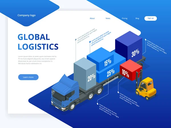 Isometrische logistieke infographic sjabloon met juiste vrachtwagen laden en heftrucks. Levering en ligistics service app. web banner vectorillustratie controleren — Stockvector