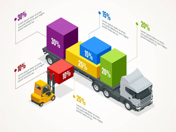 Modèle infographique logistique isométrique avec chargement de camion droit et chariot élévateur. Vérification de la livraison et de l'application de service ligistique. Illustration vectorielle de bannière web — Image vectorielle