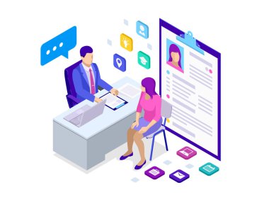 İzometrik kadına iş görüşmesi sırasında. Laptop ve erkek arkadaşı ile masa başında oturan iş takım elbiseli erkek ofis çalışanı. İş görüşmesi olumlu ilk izlenim