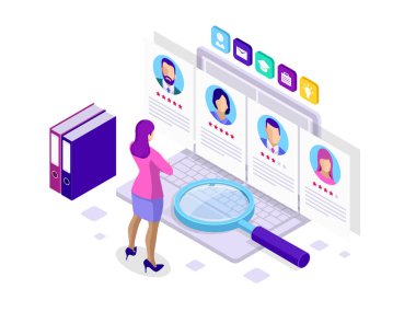 Web sayfası, afiş ve sunum için Isometric işe alma ve adam alma konsepti. İş görüşmesi, işe alım ajansı vektör illüstrasyonu