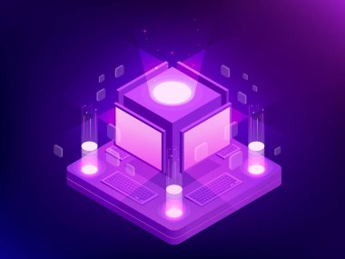 İzometrik yapay zeka kavramı bilgisayarlar veya internet, dijital ağı denetler. Sohbet etmek, video yayını, hikayeler, Smm promosyon, çevrimiçi analitik. Teknoloji web sanal arka plan