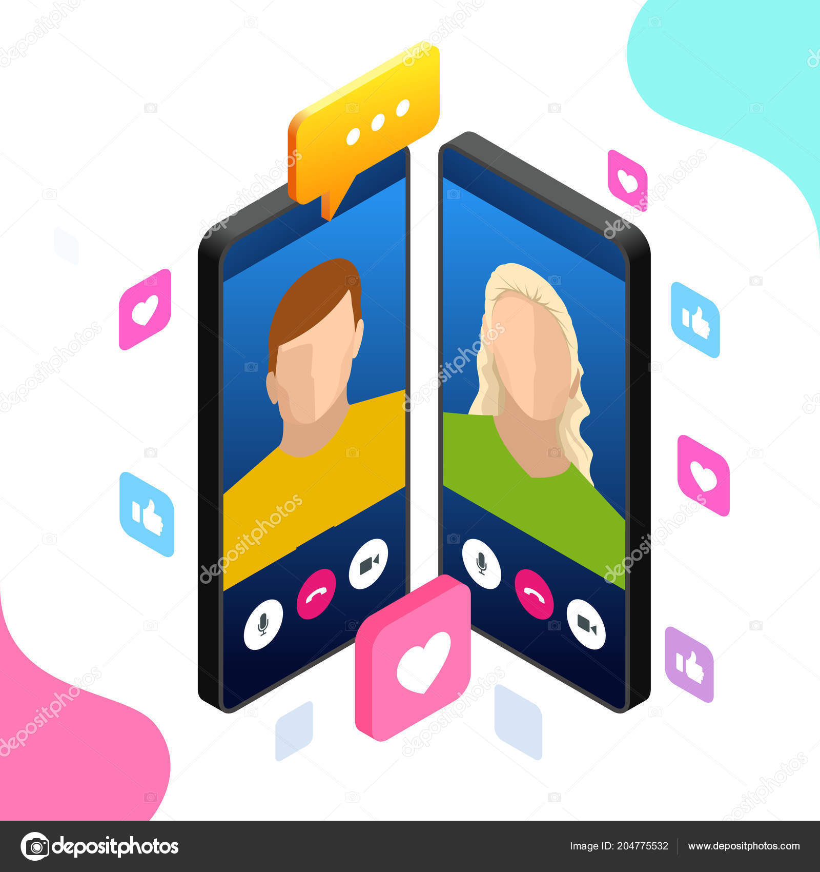 Chat de messenger móvil isométrica, conversación en línea con el mensaje de texto. Ilustración de vector– ilustración de stock