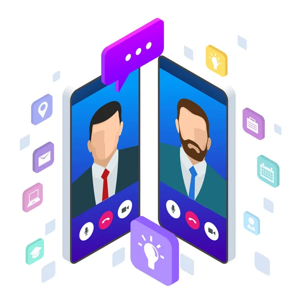 Izometrické mobilní messenger chat, online konverzaci zprávou SMS. Vektorové ilustrace — Stockový vektor