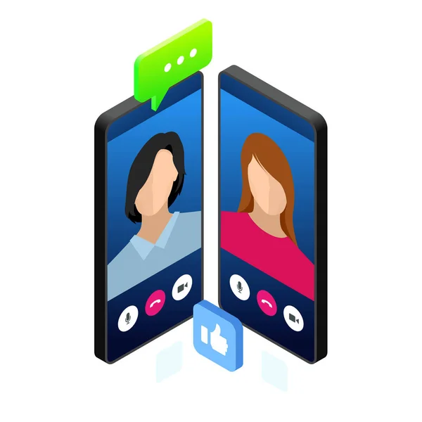 Isometric mobile messenger chat, conversation en ligne avec message texte. Illustration vectorielle — Image vectorielle