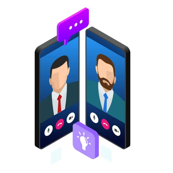 Izometrikus mobil messenger chat, online beszélgetett SMS üzenetet. Vektoros illusztráció — Stock Vector