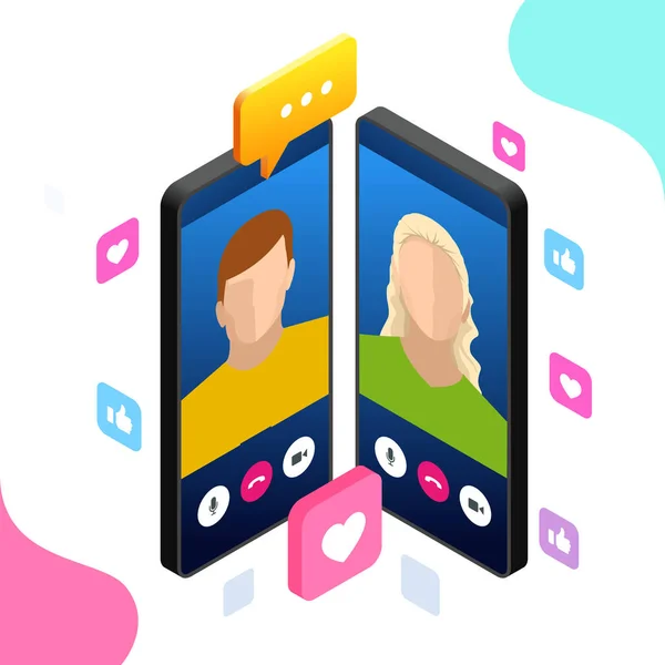 Isometric mobile messenger chat, online conversation with texting message. Vector illustration — Stock Vector