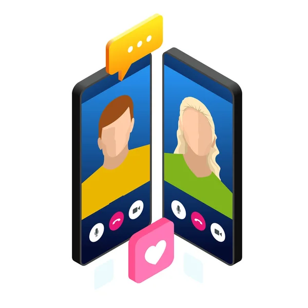Isometric mobile messenger chat, online conversation with texting message. Vector illustration — Stock Vector