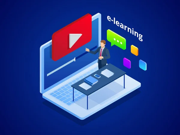 Isometrisches Online-Videotraining oder Tutorial. E-Learning durch das Webinar-Training. Online-Bildung bei Videoblog-Konzept. Vektorillustration — Stockvektor