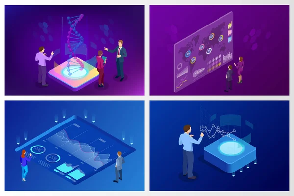 Isometrisk stora datanätverk visualisering, advanced analytics, samverkande dataanalys, forskning, revision, demografi, artificiell intelligens, planering, statistik, digitala Dna-struktur, förvaltning — Stock vektor