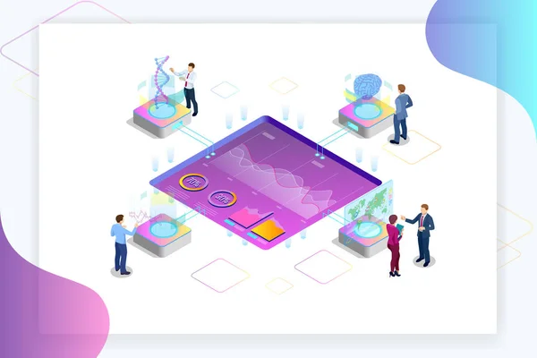 等尺性の大きなデータ ネットワークの可視化、分析、相互作用データ分析、研究、監査、人口統計、高度な人工知能、計画、統計、デジタル Dna 構造、管理 — ストックベクタ