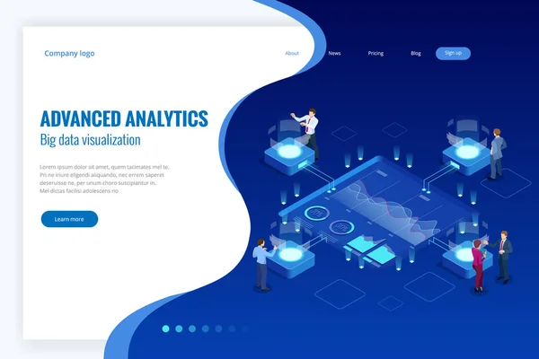 Isometrische visualisatie van Big Data Network, geavanceerde analytics, interagerende Data-analyse, onderzoek, audit, demografie, kunstmatige intelligentie, planning, statistieken, digitale Dna-structuur, beheer — Stockvector