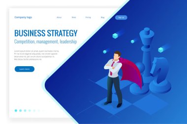 Satranç tahtası üzerinde duran izometrik iş adamı. Strateji, yönetim ve liderlik kavramı. İş stratejisi.