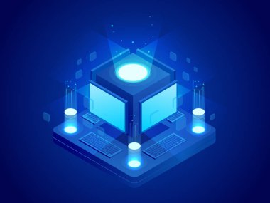 İzometrik yapay zeka kavramı bilgisayarlar veya internet, dijital ağı denetler. Sohbet etmek, video yayını, hikayeler, Smm promosyon, çevrimiçi analitik. Teknoloji web sanal arka plan