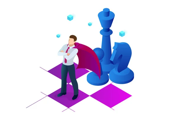 Isometric businessman standing on chess board. Strategy, management, leadership concept. Business strategy. — Stock Vector