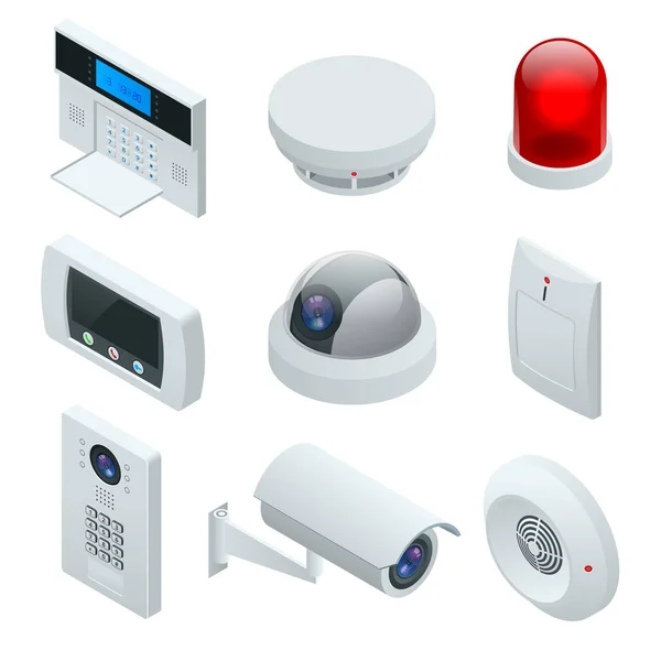 Isometrische alarmsysteem thuis. De veiligheid van het huis. Security alarm toetsenblok met persoon bewapenen van het systeem. Toegang, Alarm zones, systeem-paneel Beveiliging — Stockvector