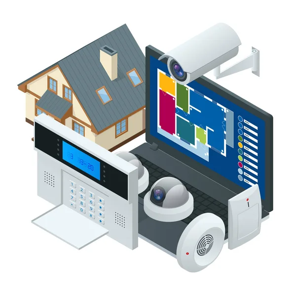 Sistema de alarme isométrico em casa. Segurança doméstica. Teclado de alarme de segurança com pessoa armando o sistema. Acesso, zonas de alarme, painel do sistema de segurança —  Vetores de Stock