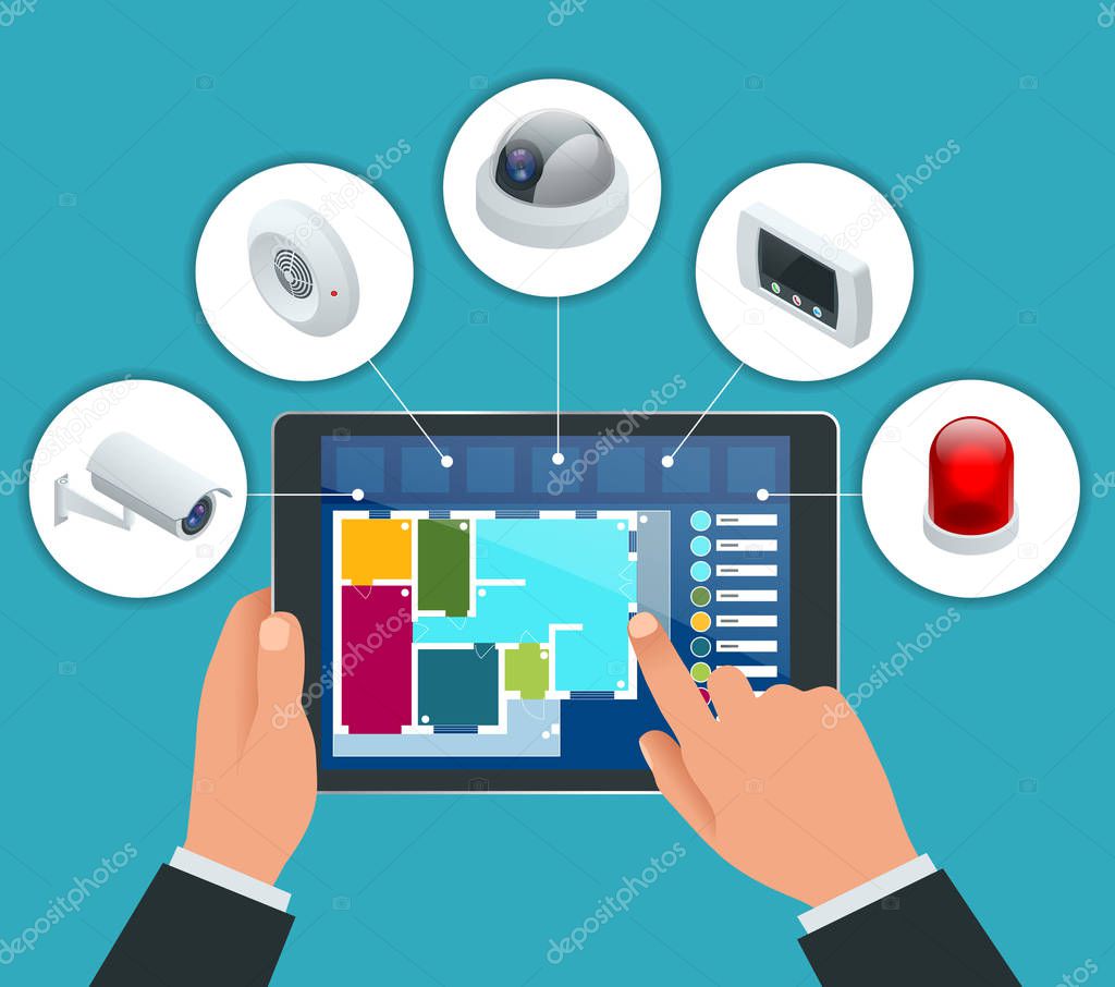 Isometric alarm system home. Home security. Security alarm keypad with person arming the system. Access, Alarm zones, security system panel