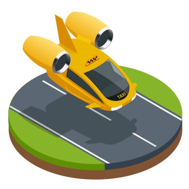 İzometrik modern futuristik hava yolcu taşımacılığı. Hava taksi. Beyaz arka plan üzerinde izole Modern insansız elektrikli uçak. Vektör çizim