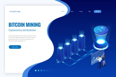 İzometrik bitcoin incelemesi kavramı. Cryptocurrency ve Blockchain kavramı. Çiftlik için araştırma bitcoins. Dijital para piyasası, yatırım, finans ve ticaret. Vektör çizim