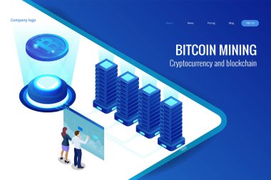 İzometrik bitcoin incelemesi kavramı. Cryptocurrency ve Blockchain kavramı. Çiftlik için araştırma bitcoins. Dijital para piyasası, yatırım, finans ve ticaret. Vektör çizim