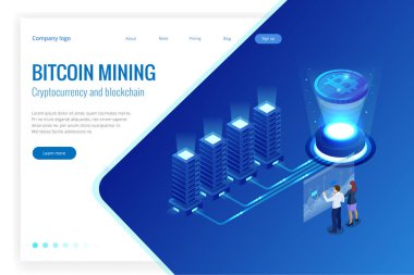 İzometrik bitcoin incelemesi kavramı. Cryptocurrency ve Blockchain kavramı. Çiftlik için araştırma bitcoins. Dijital para piyasası, yatırım, finans ve ticaret. Vektör çizim