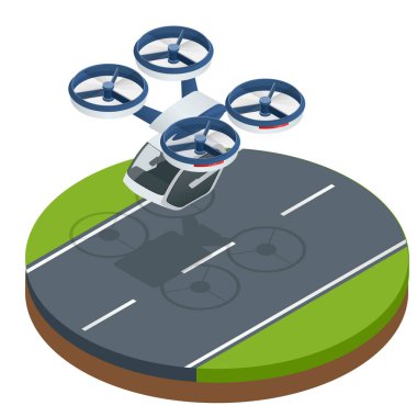İzometrik modern futuristik hava yolcu taşımacılığı. Hava taksi. Beyaz arka plan üzerinde izole Modern insansız elektrikli uçak. Vektör çizim