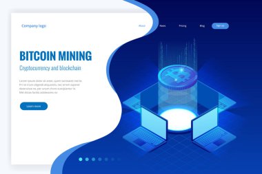 İzometrik bitcoin incelemesi kavramı. Cryptocurrency ve Blockchain kavramı. Çiftlik için araştırma bitcoins. Dijital para piyasası, yatırım, finans ve ticaret. Vektör çizim.